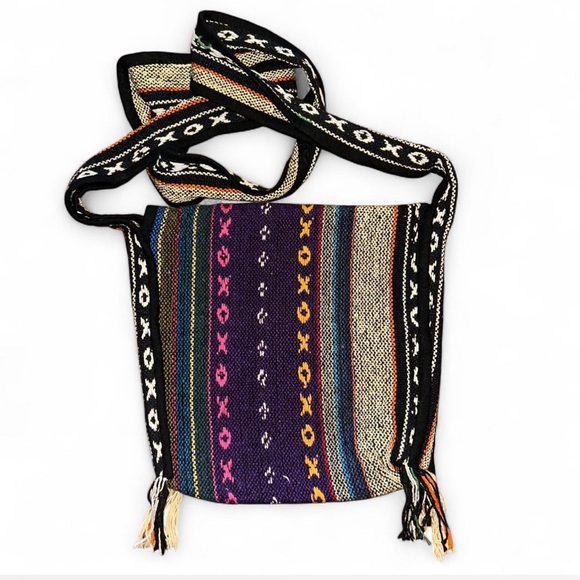 NWOT Multicolor Ethnic Boho Crossbody Bag Hand Woven Cloth Fringe Pocket Unisex - Picture 2 of 8